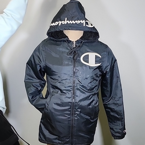 Champion Black Hooded Trench Coat Sylye Vintage Coat. 90s - Picture 2 of 12